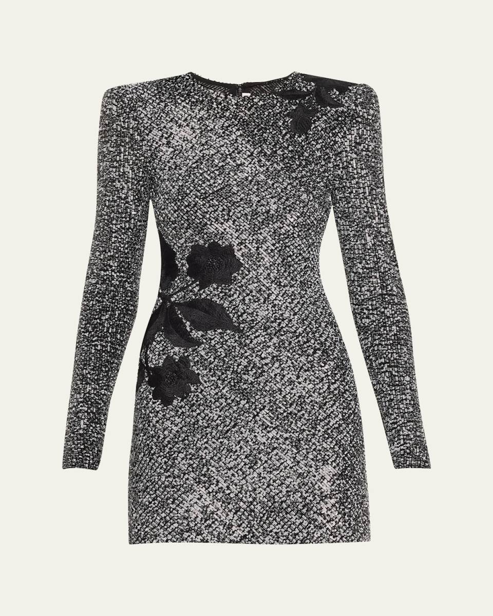 Floral Embroidered Sequined Tweed Mini Cocktail Dress